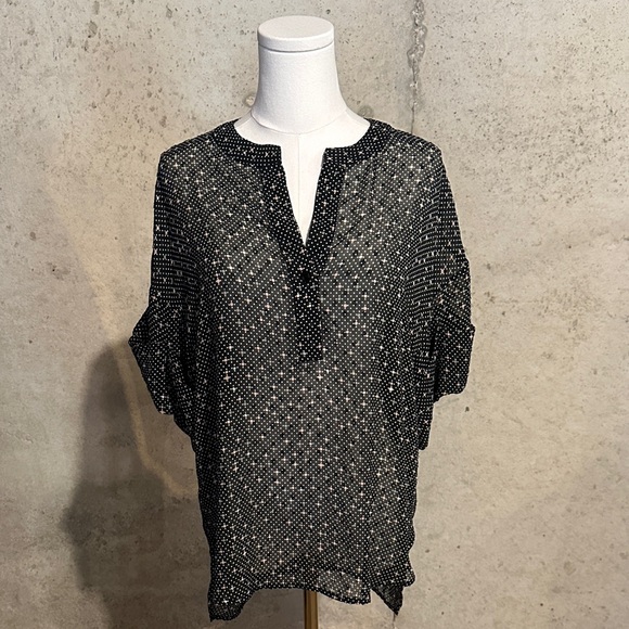 CAbi Black Sheer Short Sleeve Blouse with Pink and Olive Green Polka Dots - Picture 1 of 6
